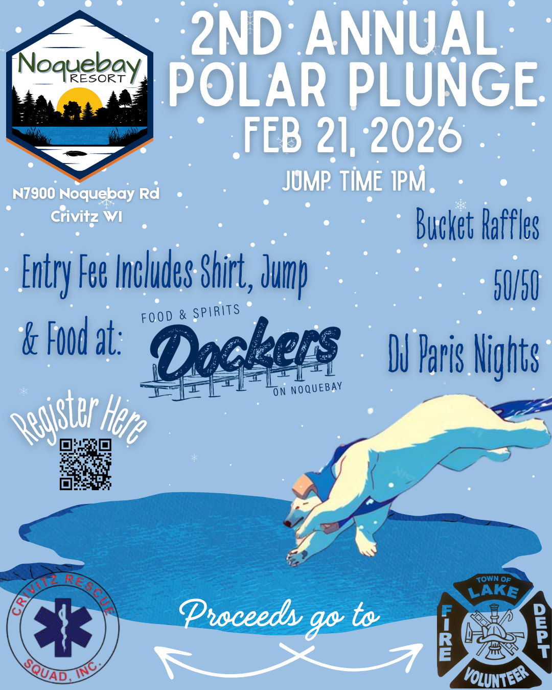 2nd Annual Polar Plunge at Noquebay Resort with food by Dockers Restaurant