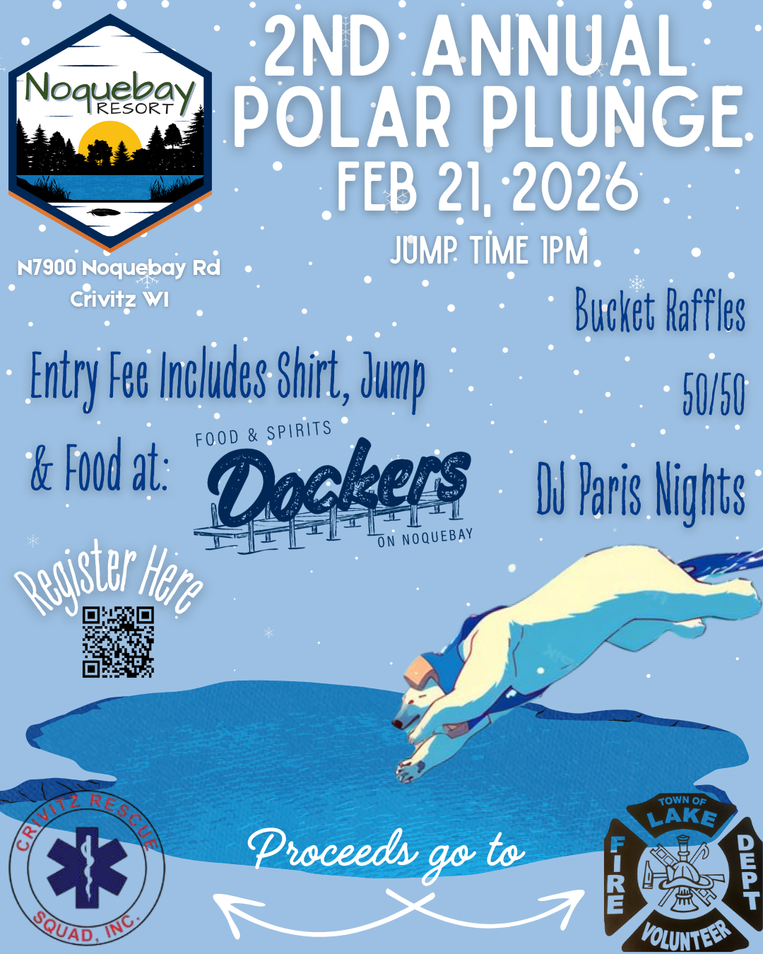2nd Annual Polar Plunge at Noquebay Resort with food by Dockers Restaurant