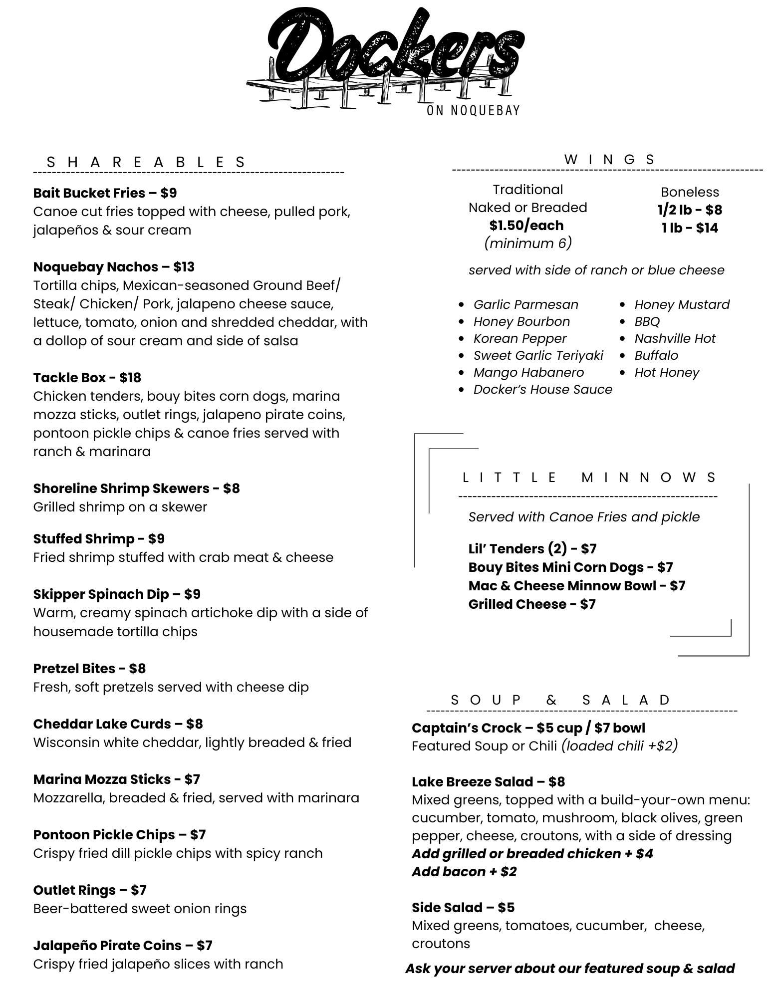 Menu for Dockers at Noquebay Resort
