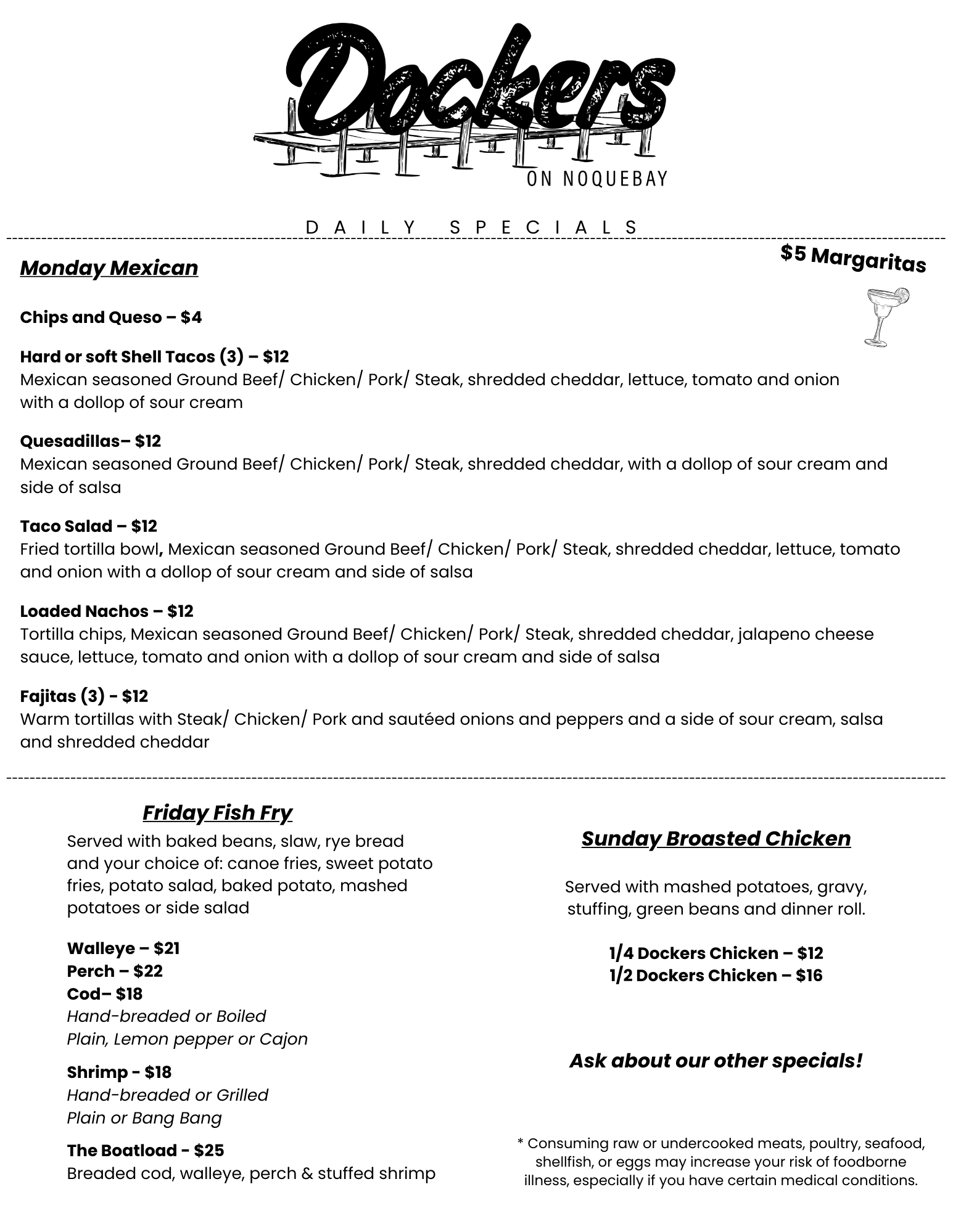 Menu for Dockers at Noquebay Resort