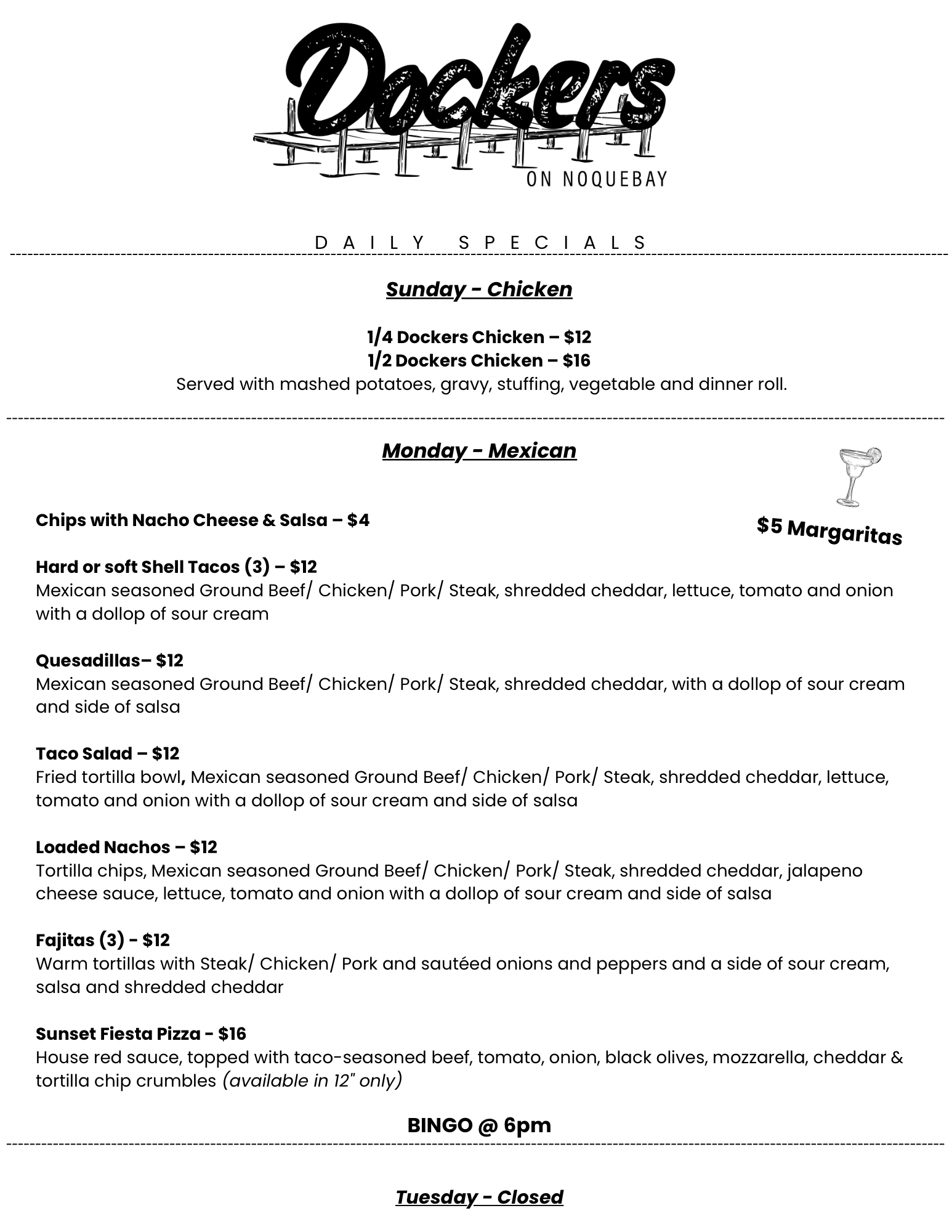 Dockers on the Bay - Daily Specials - 2026
