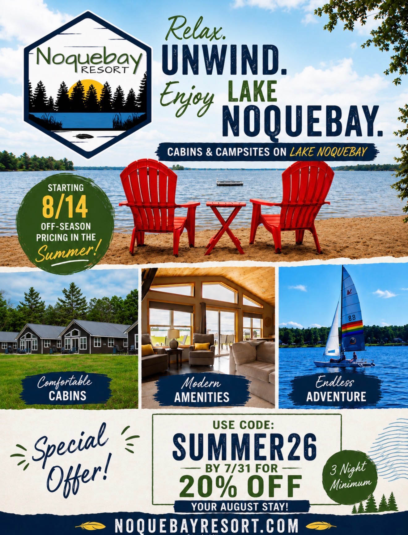 Noquebay Resort in Wisconsin featuring Lake Noquebay cabins, campsites, beach chairs, sailing, and a special August camping and cabin discount.