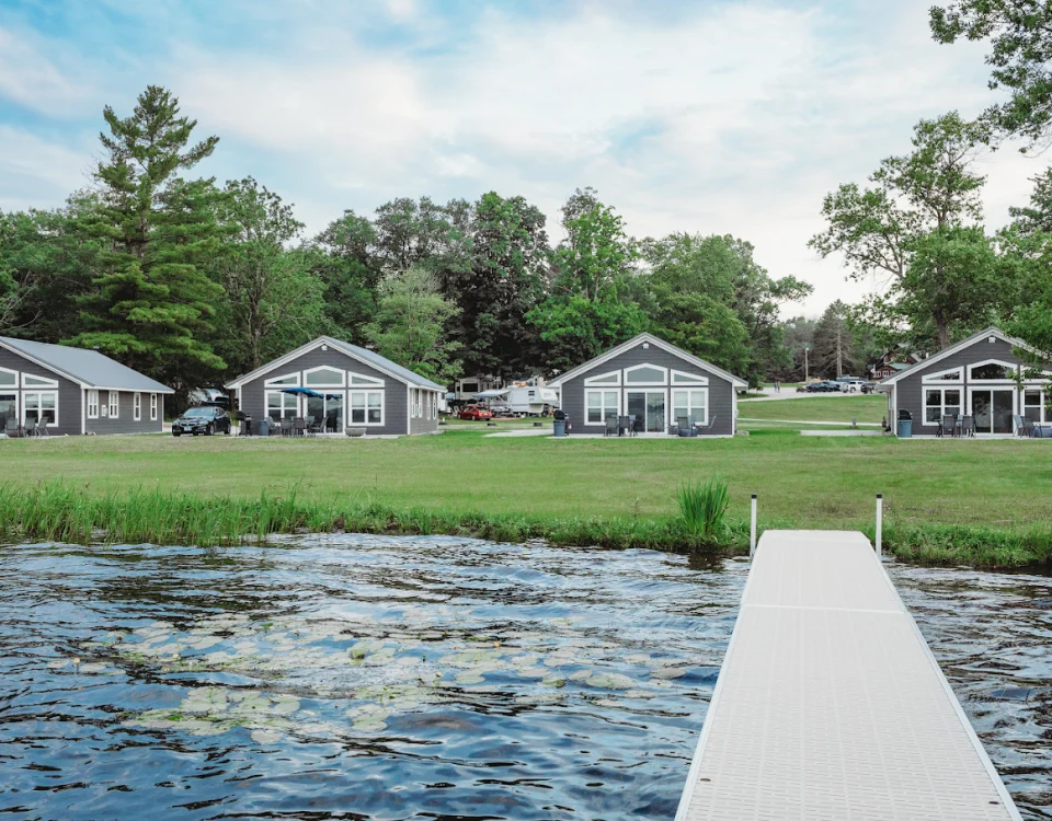 Green trees with houses and a lake