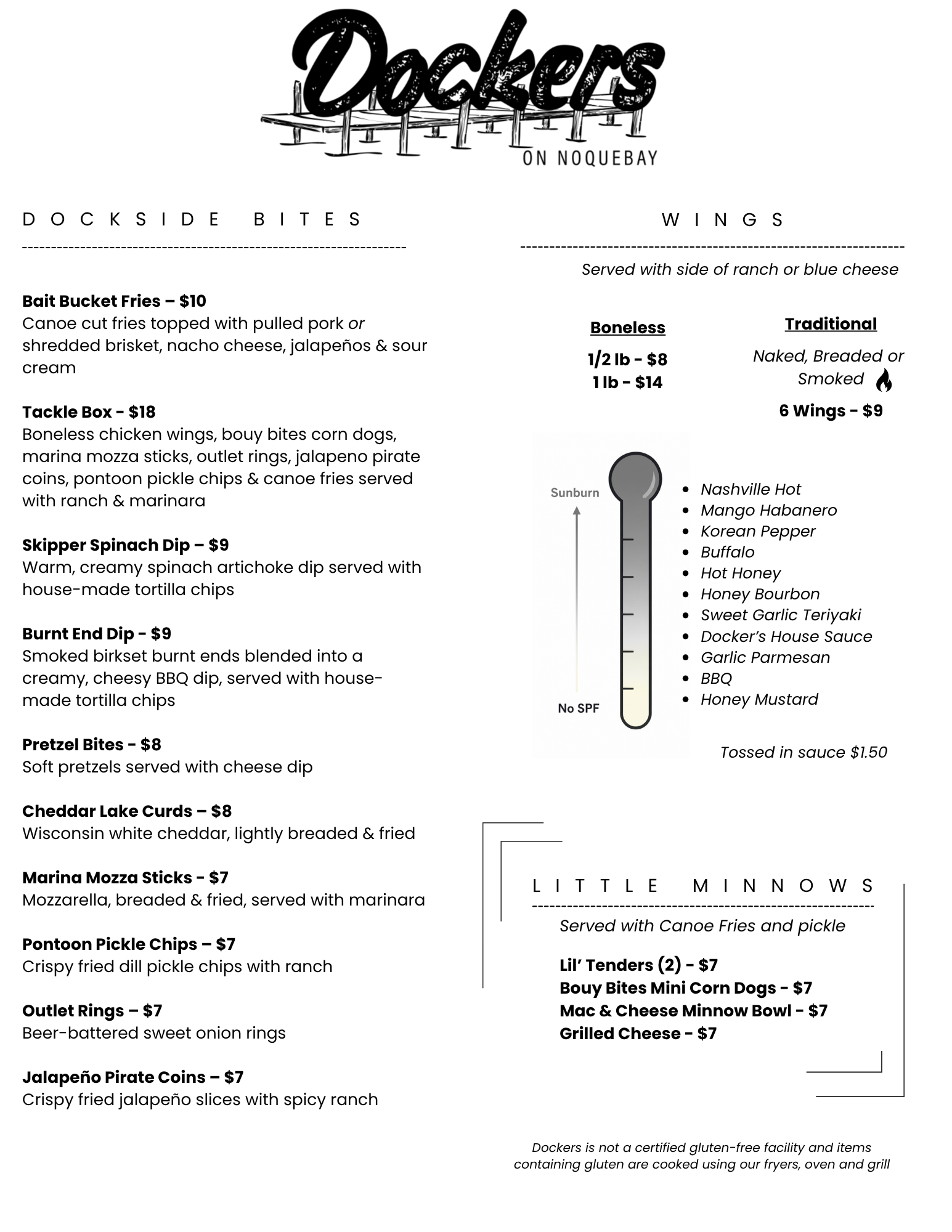 Dockside Bites menu at Dockers on Noquebay